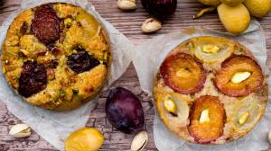 fresh plum & date & pistachio cakes : rightside-up or upside-down ?!