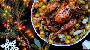 roasted & stuffed holiday capon (with herbs, wild rice, mushrooms,  confit poultry livers & gizzards)