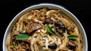 «ragù bianco» pasta sauce with roasted & shredded chicken & creamy eggplant & mushrooms & leeks