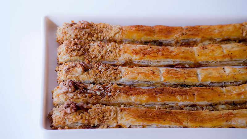 roquefort and walnut puffed strips
