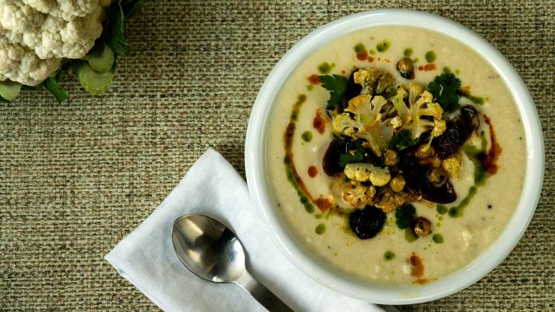 cream of cauliflower, chorizo and chickpea soup
