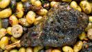 honey-glazed roasted leg of lamb with fruits & vegetables