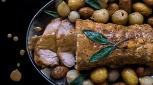 roast pork (or veal) in milk & sage with baby potatoes & pearl onions