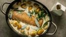 roast pork (or veal) in milk & sage with baby potatoes & pearl onions