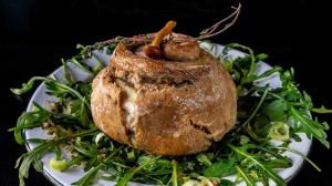 bread-crusted & mushroom-stuffed oven-baked camembert