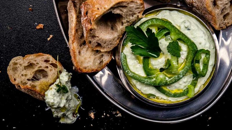 “tirokafteri” spicy dip with feta cheese & green sweet pepper & green hot pepper