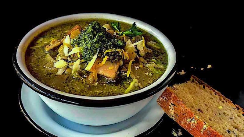 all white & green «from winter to spring» minestrone soup with walnut & parsley pesto