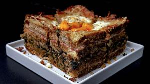 triple-layered «croque monsieur & madame» quadruple club-sandwich cake (with a mushroom & bacon & arugula heart)