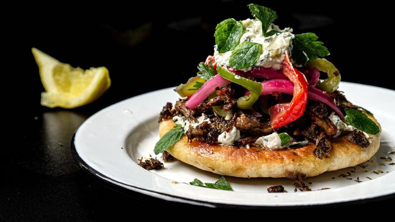 braised & shredded meats pita sandwich (with fresh vegetable toppings & tzatziki)