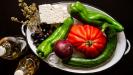 rustic greek “choriatiki” salad slices on flatbread rusks
