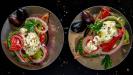 rustic greek “choriatiki” salad slices on flatbread rusks
