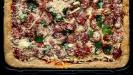 spicy & thick-crust spanish-style pizza with chorizo & roasted red pepper-tomato sauce