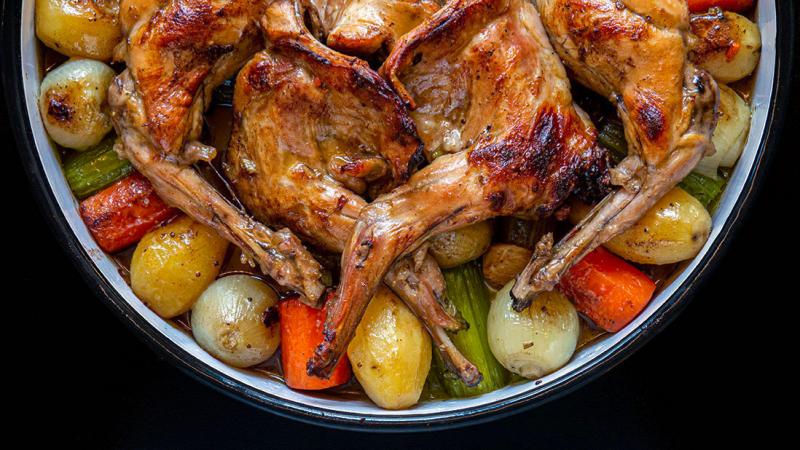 mirepoix & beer braised rabbit roast and/or stew