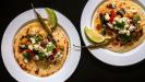 roasted vegetable tacos with refried chickpea purée & crumbled feta cheese