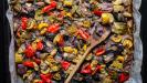 roasted vegetable tacos with refried chickpea purée & crumbled feta cheese