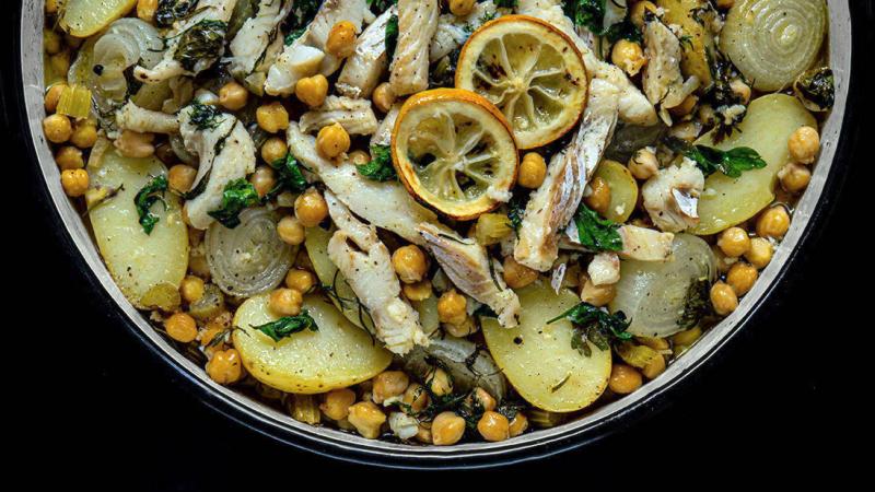 oven-baked salt cod with vegetables & chickpeas