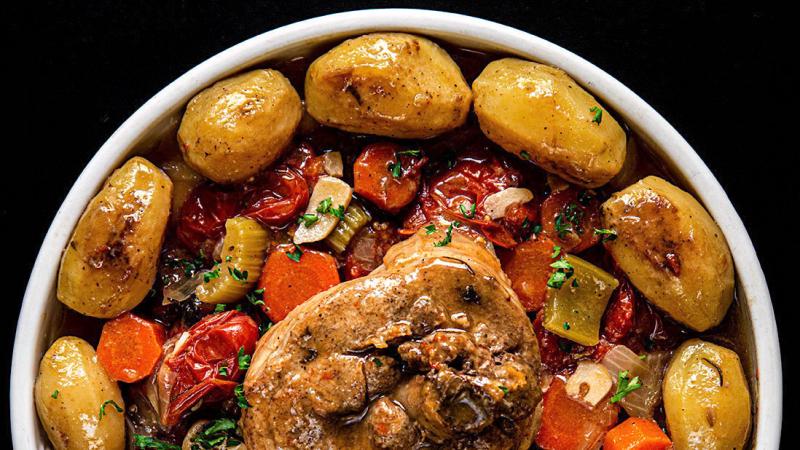 turkey shanks «osso buco» with cherry tomatoes & baby potatoes