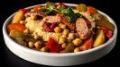 couscous with stewed vegetables & grilled sausages