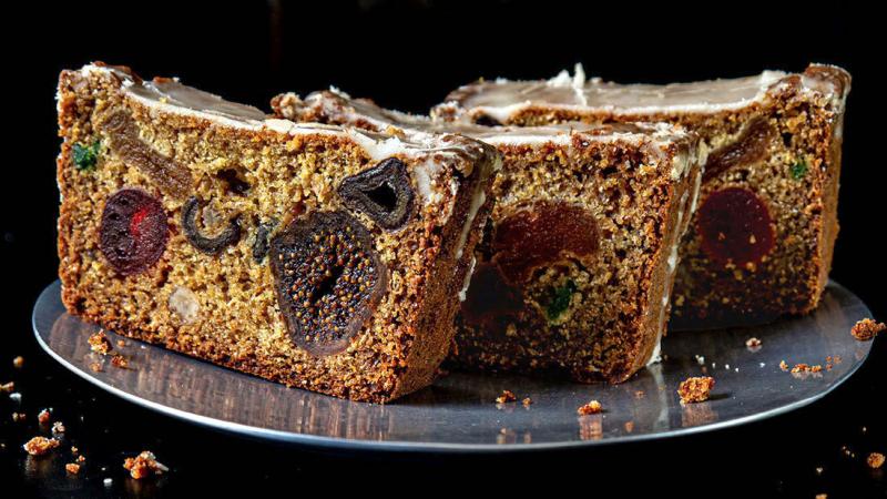 mediterranean fruit cake with brandy glaze
