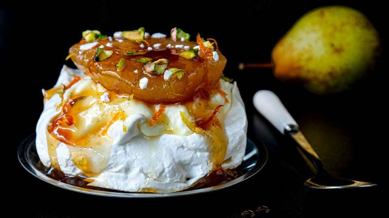 white wine & citrus poached pears pavlovas