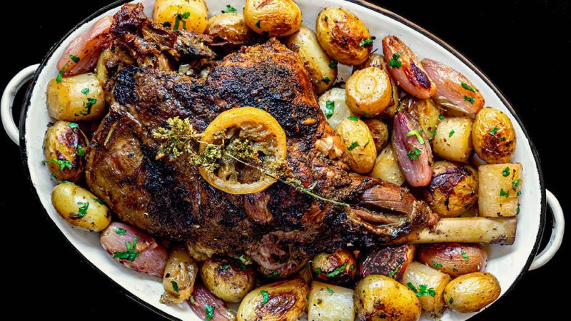 dry-basted & broiled & steamed & roasted leg of lamb