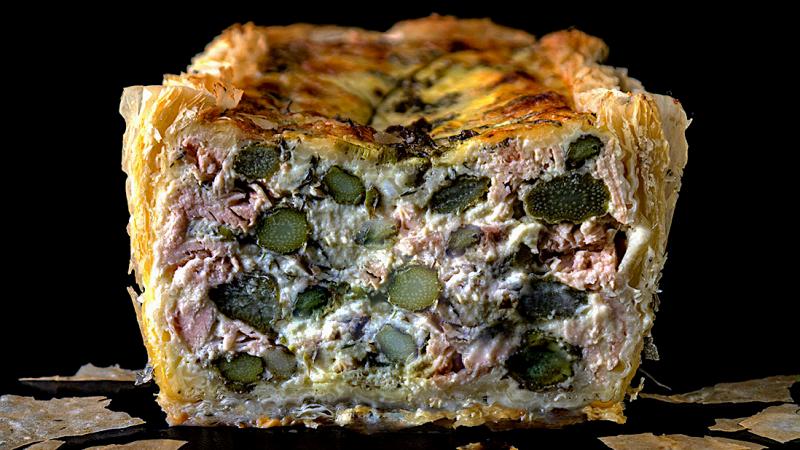 wild salmon & asparagus & filo quiche