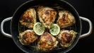 chicken thighs & rice pilaf casserole with lemon & oregano & green peppers