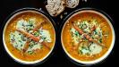spiced carrot & sweet potato soup with tahini drizzle & seeds