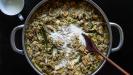 «ragù bianco» pasta sauce with roasted & shredded chicken & creamy eggplant & mushrooms & leeks