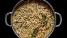 «ragù bianco» pasta sauce with roasted & shredded chicken & creamy eggplant & mushrooms & leeks