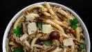 «ragù bianco» pasta sauce with roasted & shredded chicken & creamy eggplant & mushrooms & leeks