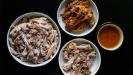 «ragù bianco» pasta sauce with roasted & shredded chicken & creamy eggplant & mushrooms & leeks