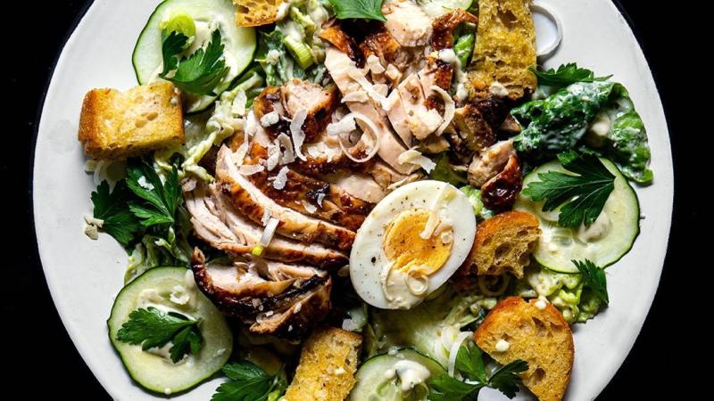 cold chicken breast & greens salad with caesar dressing