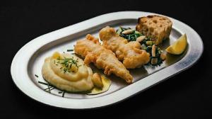 bakaliaro (crispy battered salt-cod) & skordalia (potato-garlic purée) & horta (blanched bitter greens salad)