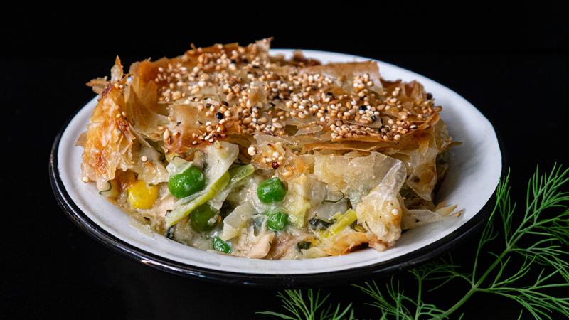 crispy & creamy phyllo parcels with tuna & sweet vegetables