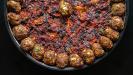 briam (greek layered vegetable bake) & lemony keftedakia (meatballs) with feta