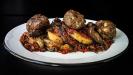 briam (greek layered vegetable bake) & lemony keftedakia (meatballs) with feta